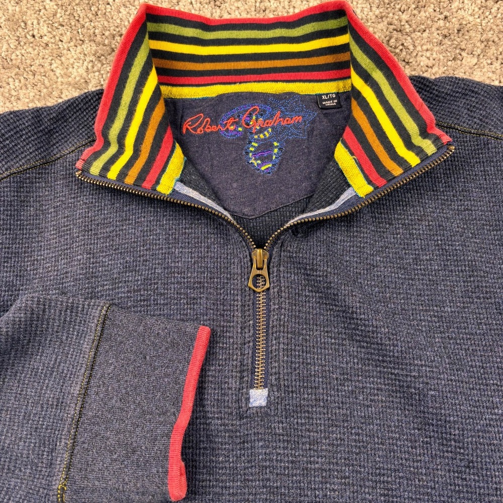 Robert Graham Sweater Mens XL Navy Blue Long Sleeve Quarter Zip Waffle Knit‎